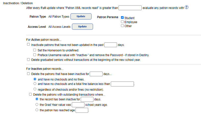 Inactivation Deletion section on the Schedule Patron Update page.